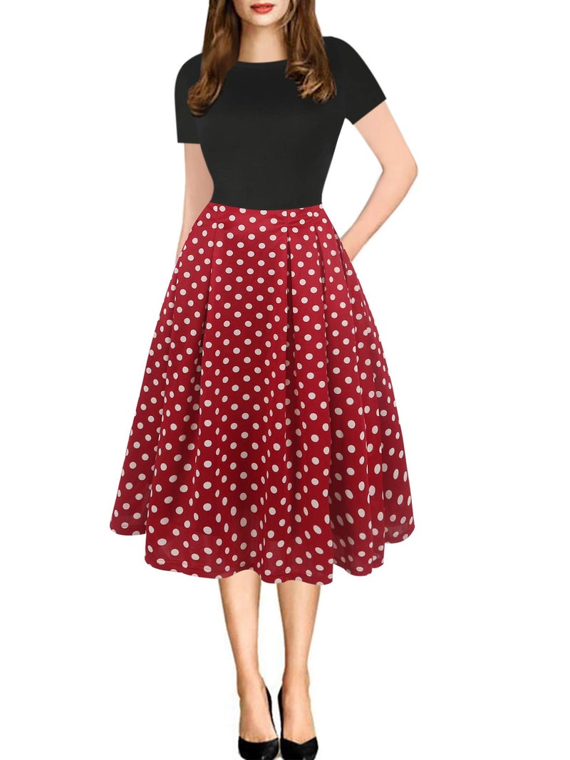 oxiuly Women's Vintage Dresses Patchwork Pockets Puffy Swing Casual Party Dress OX165 (BK-Red dot, x_l) - Image 1
